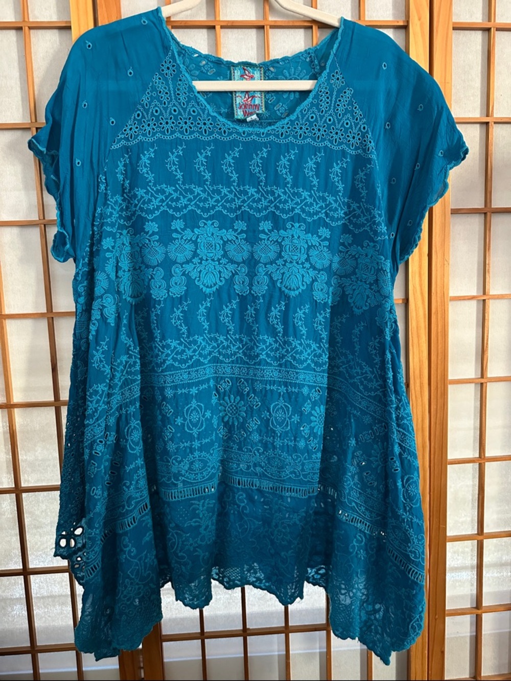 Johnny Was Teal Embroidered Short-Sleeve Tunic - Picture 2 of 7